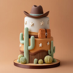 western theme tiered cake isolated on plain brown studio background