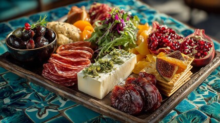 Fototapeta premium Elegant gourmet charcuterie board featuring assorted cheeses, cured meats, olives, fresh figs, and herbs on a rustic wooden platter, placed over a vibrant mosaic tile table. Mediterranean appetizer
