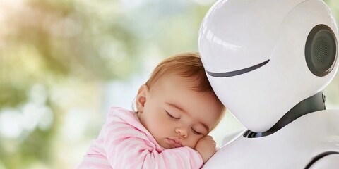 Sleek white humanoid robot cradling sleeping baby in arms. Concept of AI helper, future parenting