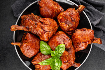Knuckle smoked meat cooked ham roulka fresh shank delicious gourmet food background on the table rustic food top view copy space
