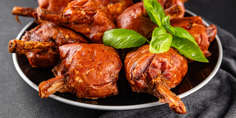 Knuckle smoked meat cooked ham roulka fresh shank delicious gourmet food background on the table rustic food top view copy space