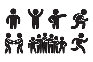 Human gesture icons showing running, hugging, pointing, cheering, and team unity in bold black silhouettes