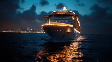 A majestic cruise ship adorned with bright lights elegantly sails through calm waters at dusk, creating a captivating scene that showcases maritime luxury and adventure.