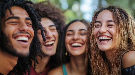 Fototapeta premium Group of friends from different ethnicities laughing outdoors Close-up