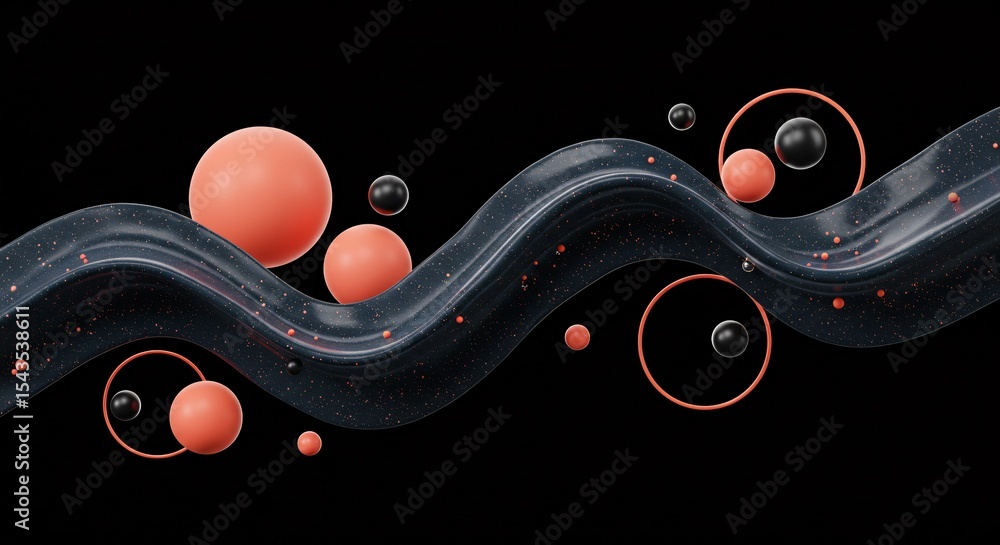 Poster abstract wave with spheres and circles on black background creates a modern design