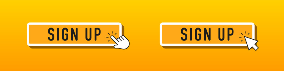 Sign up buttons with hand and mouse cursor clicking icons on yellow gradient background, flat vector design for web or app interface elements.