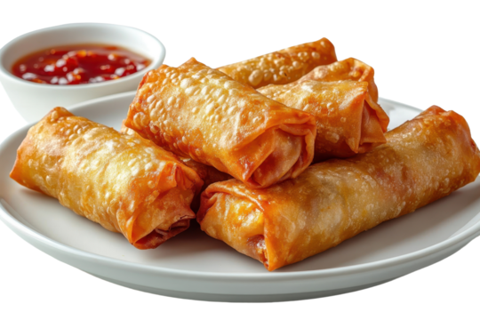 Spring rolls plate isolated on transparent background. PNG.