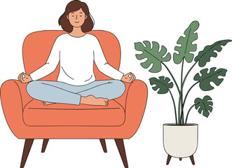 Serene Woman Meditating in Lotus Position on a Chair, Practicing Mindfulness, Relaxation, and Mental Wellness at Home.