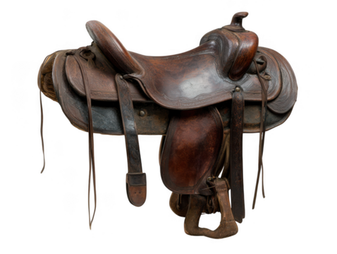Antique western leather saddle isolated on transparent background