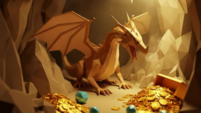 Low poly dragon guarding treasure in a mystical cave, with golden coins and geometric dice. Fantasy adventure concept footage.