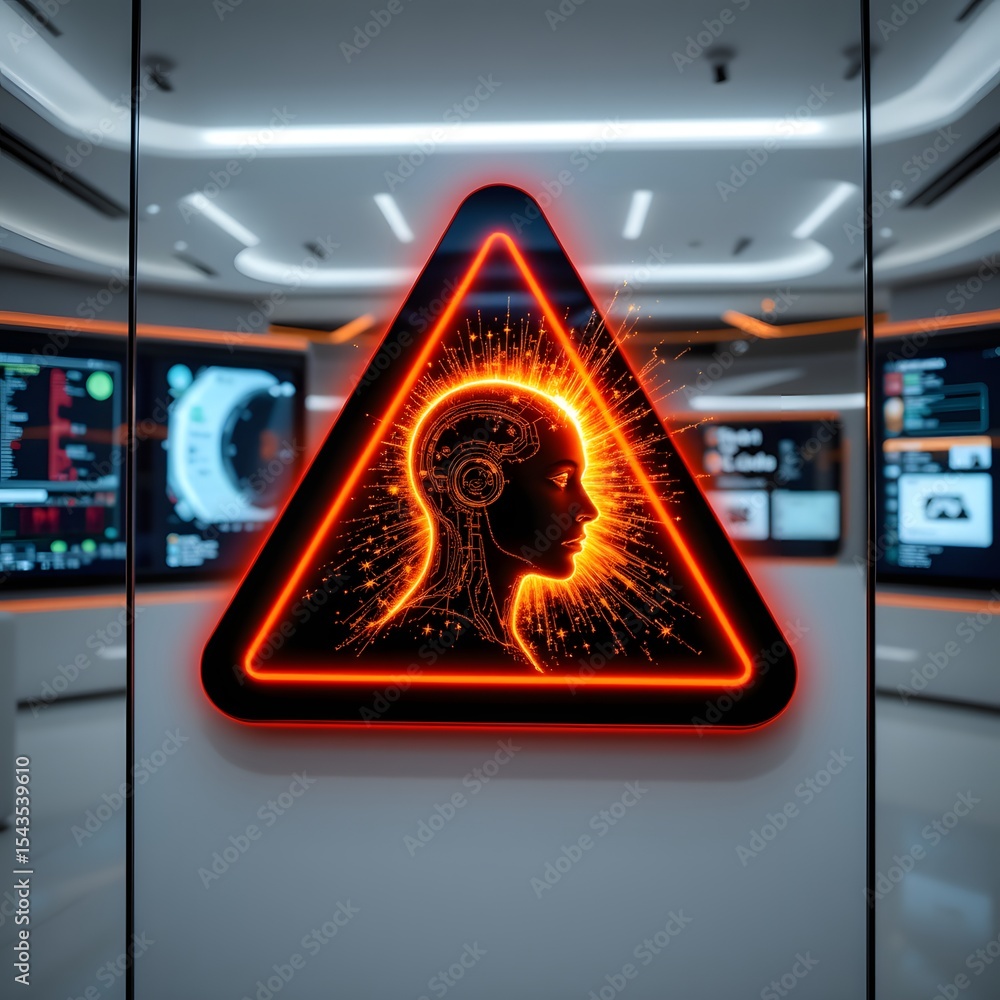 Poster ai warning sign: futuristic neon warning sign against a backdrop of a high-tech control room, sugges