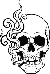 Fototapeta premium Smoking Skull with Cigarette - Black and White Vector Illustration. 