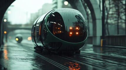 Fototapeta premium A sleek, green futuristic train glides through a rainy cityscape, embodying advanced transportation technology and the futuristic vision of urban mobility.