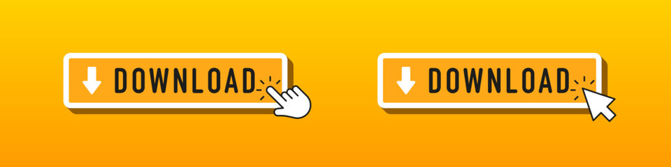 Download buttons with hand and cursor icons on orange gradient background, indicating interactive click action for digital content or file download.