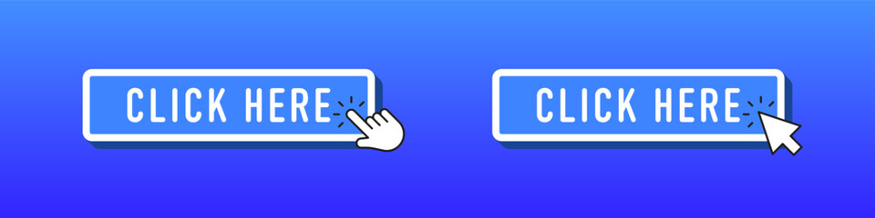 Interactive “Click Here” buttons with hand and mouse cursors on a blue gradient background, symbolizing digital engagement and user interface elements.