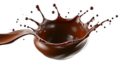 A powerful, high speed photograph capturing a large, dynamic splash of rich, glossy dark chocolate.  