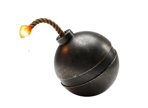 Burning fuse bomb exploding isolated on transparent background