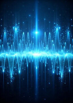 Abstract blue sound wave visualizer with scattered glowing particles.