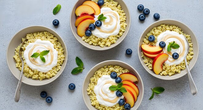 Flat lay of Degue (millet couscous with sweet yogurt), bowls arranged symmetrically along thirds, garnished with fresh fruit 2.