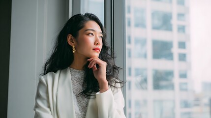 Elegant Asian Woman in White Blazer Contemplating by the Window with City View