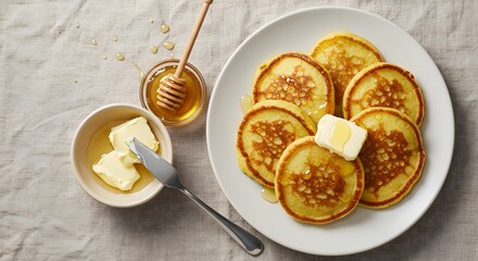 Flat lay of millet pancakes (galettes de mil) with honey and butter, plate placed off-center using rule of thirds 1