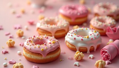 Eyelevel view of assorted donuts with pink frosting and colorful sprinkles on a pink surface with various candies