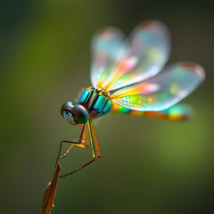 Close-up of a Vibrant Dragonfly with Iridescent Wings on a Stem, 4k