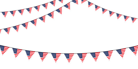 Fototapeta premium Patriotic bunting with American flag pennants in red, white, and blue—ideal for festive USA-themed celebrations and national holidays.