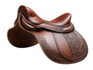 Ornate brown leather horse saddle isolated on transparent background