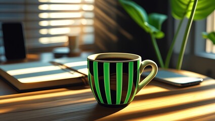 Morning coffee silhouette on wooden desk