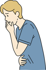 Young Man Experiencing Nausea and Vomiting, Feeling Unwell, Suffering from Sickness, Indigestion, or Stomach Discomfort.