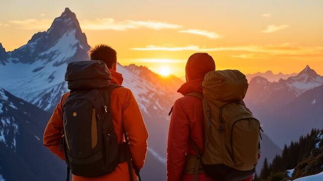 sunset in the mountains in fornt of a couple of hikers