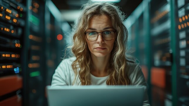 A woman with curly hair and glasses intensely focuses on her laptop in a modern server room, representing the merging of technology, intellect, and innovation in today’s world. - Powered by Adobe