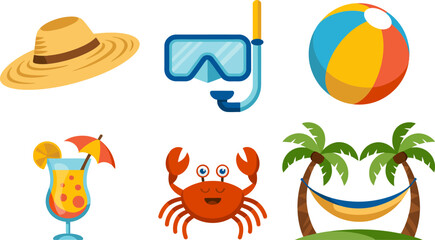 Vacation illustration set with hat, drink, diving mask, umbrella, crab, and coconut cup for beach fun  