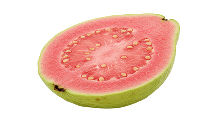 A close-up image of a half-cut guava fruit with pink flesh and seeds