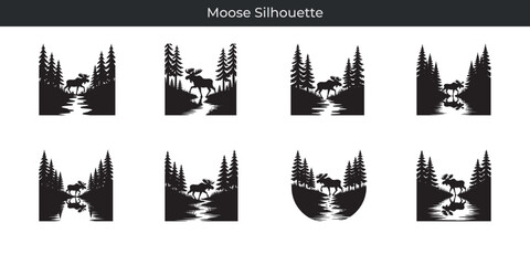 Elegant moose silhouette designs featuring nature scenes of forests and rivers in various styles