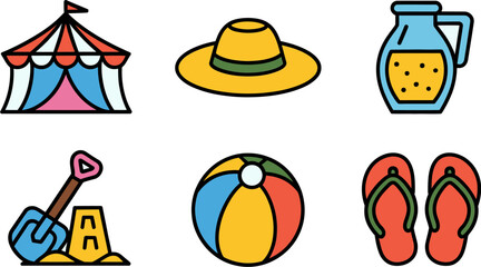 Simple beach item collection featuring tent hat jug ball shovel and flip flops in bright flat summer style  