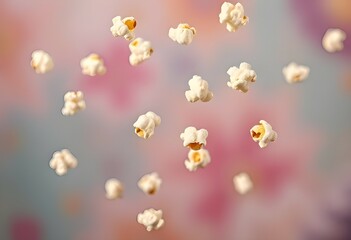 A whimsical image of popcorn pieces floating in the air against a vibrant background, like a celebration. 