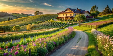 Serene Countryside Estate with Winding Road and Vibrant Blossoms at Golden Hour