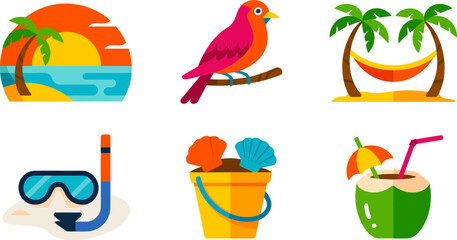 Minimal summer flat illustrations with wave bird fruit drink diving gear and vacation symbols  