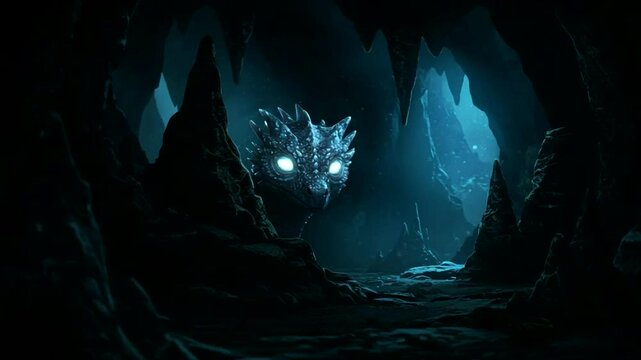 Mysterious dragon-like creature lurking in a dark, eerie cave with glowing eyes