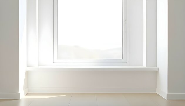 A wide shot of an empty window sill in a minimalist room, with soft, natural light coming through, creating a clean space for product placement or text overlay. 