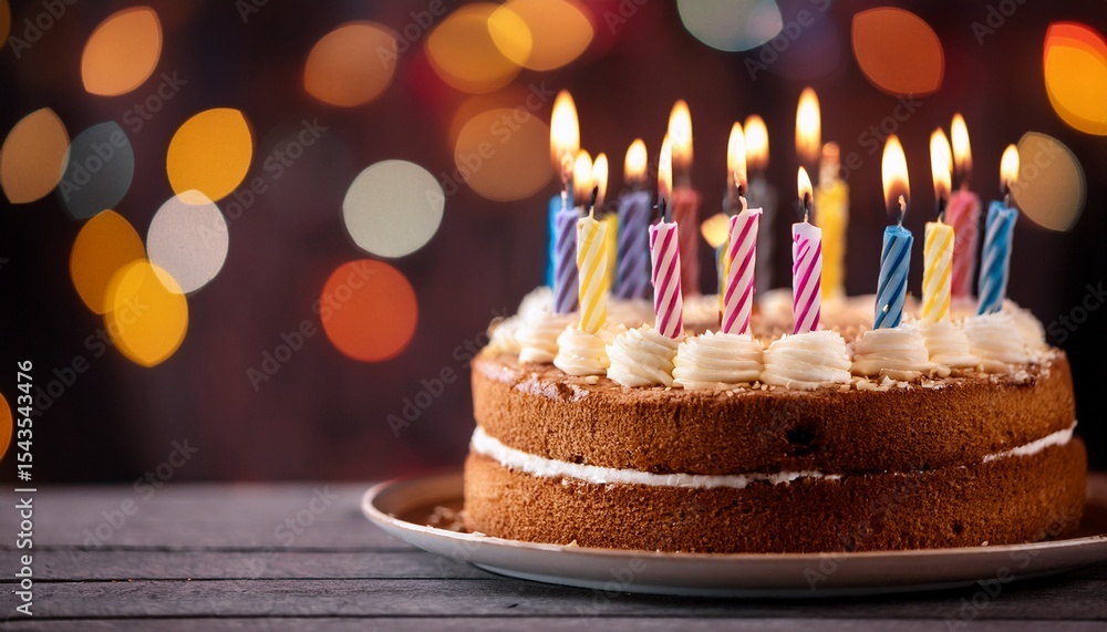 Poster close up of cake with lit candles and soft bokeh background
