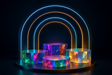 Iridescent Hexagonal Podiums Neon Archway Dark Background Futuristic Showcase image