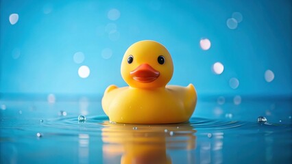 A cheerful yellow rubber ducky floats serenely on a tranquil blue water surface, creating gentle ripples and surrounded by soft bokeh lights.