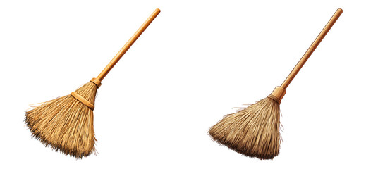 Set of two traditional straw brooms isolated on transparent PNG background perfect for cleaning or home tool illustrations