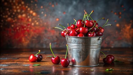 A rustic metal pail overflowing with a bounty of ripe, juicy cherries, complemented by a few additional cherries scattered on a dark wooden surface, creating a vibrant still life scene.