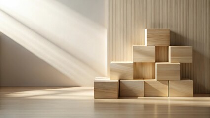 Sunlit Wooden Blocks Arrangement on Light Wood Floor Against a Light Wall
