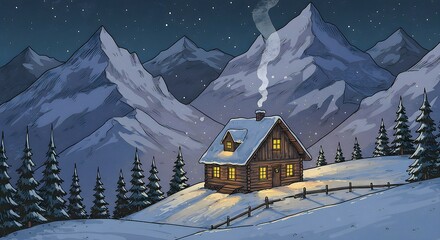 Snowy Cabin Night Scene Hand Drawn Illustration
