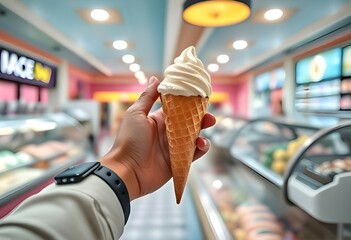 A person's hand holding an ice cream cone from a display in an ice cream parlor, with a clear view of the background.